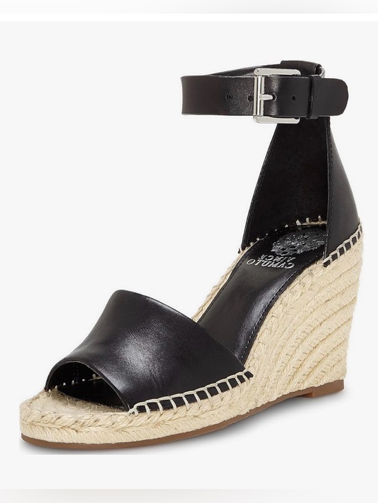 Vince Camuto Shoes - Vince Camuto Black Leather Espadrille Wedge Sandal with Ankle Strap